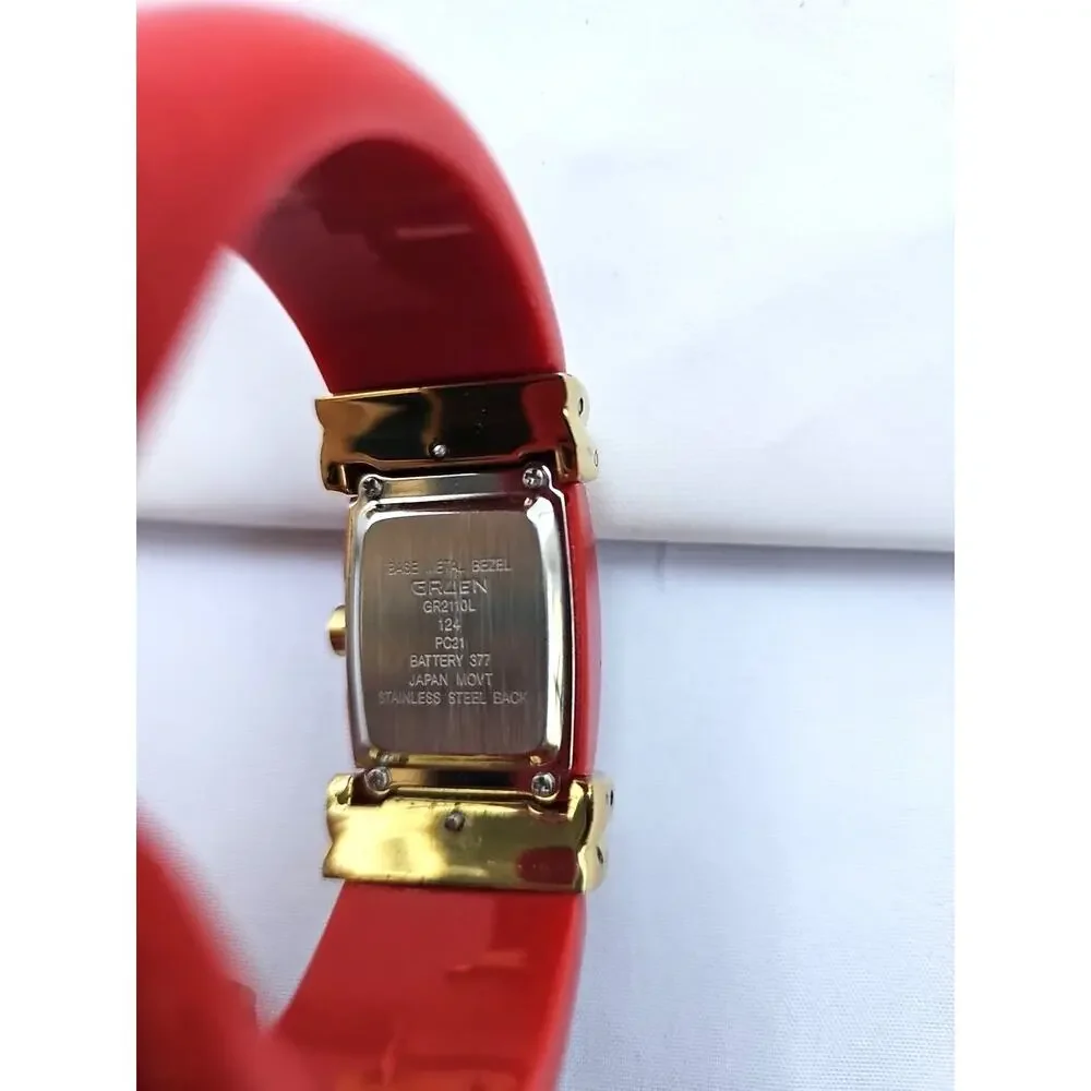 Gruen Womens Wrist Watch Red Hard Bracelet Band Gold Details White Face Quartz